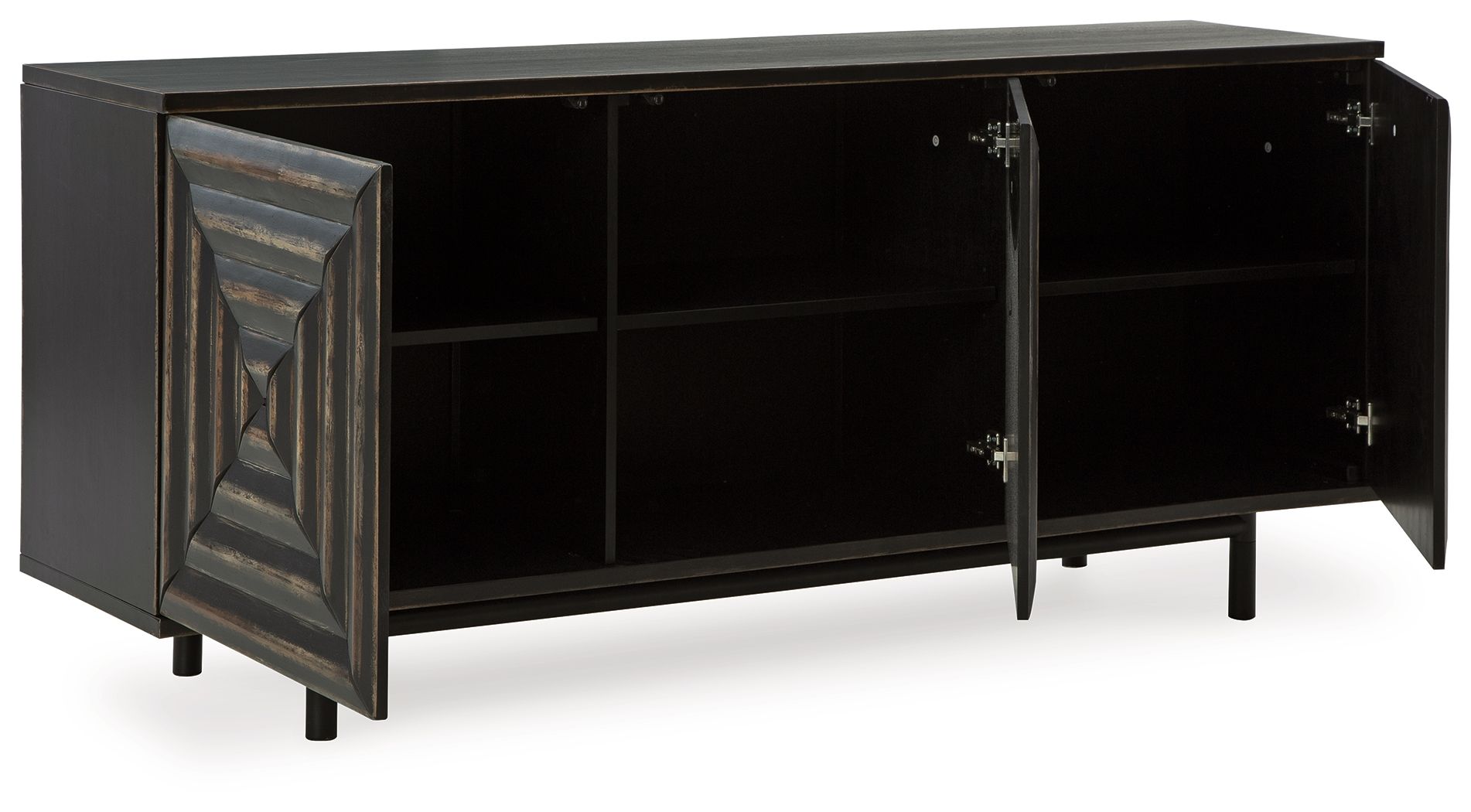 Distressed black accent cabinet with open door showing interior shelves and hinges.