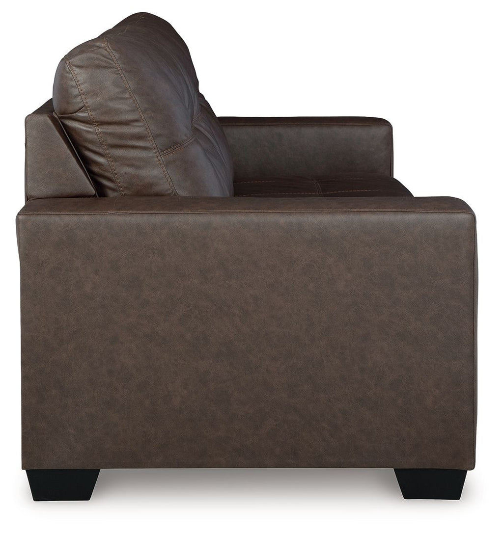 Dark brown leather-look recliner chair with tufted back and rolled arm, square seat