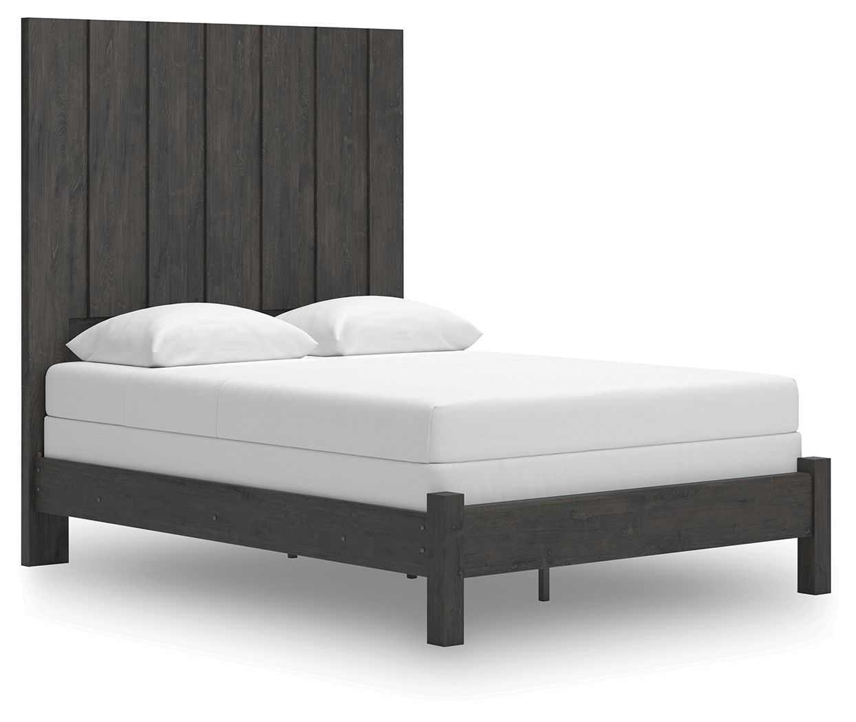 Fraluna dark gray panel bed with upholstered white mattress and two pillows