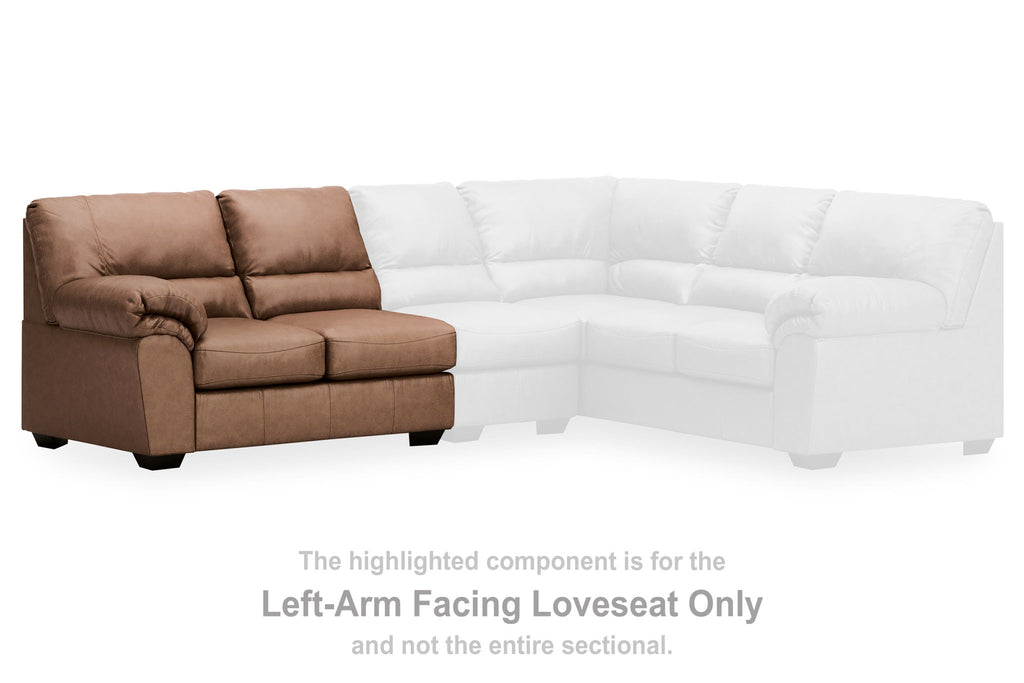 Caramel left-arm facing loveseat section with tufted back cushions and seat