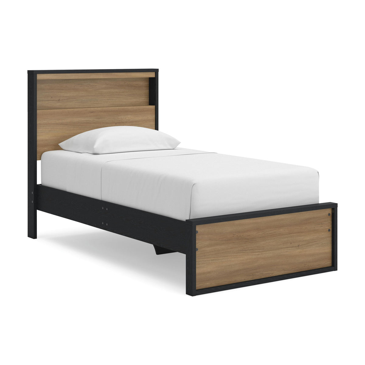 Bookcase bed frame with dark frame, wood panel headboard, white upholstered mattress