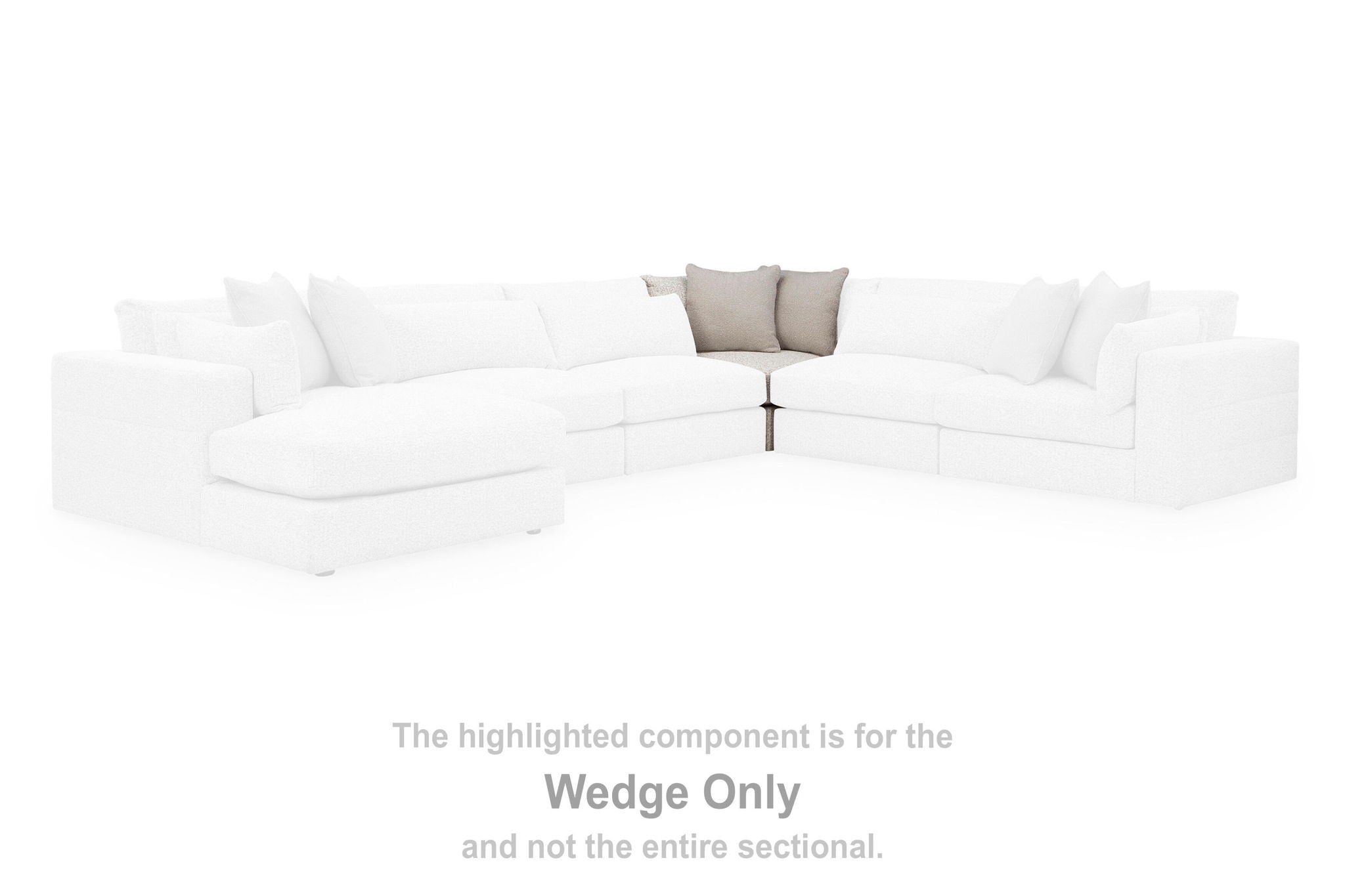 Wedge-only sectional sofa component with light fabric cushions and two back pillows