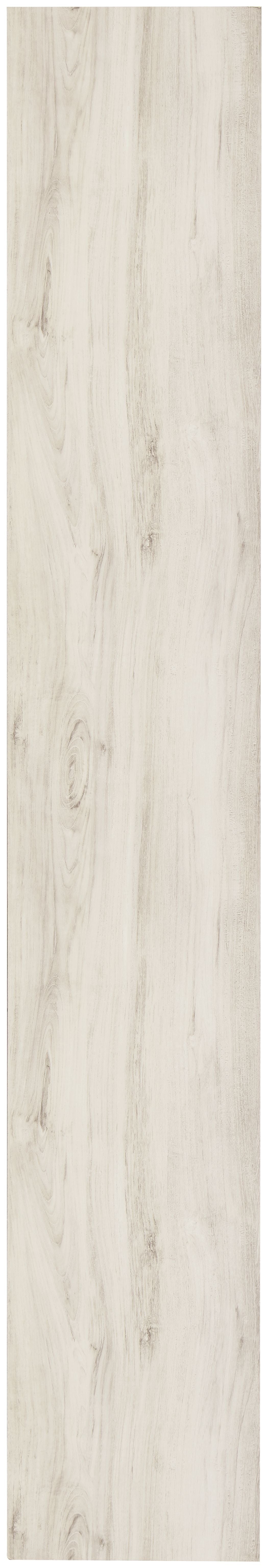 Whitewash wood bookcase side panel with vertical wood grain texture