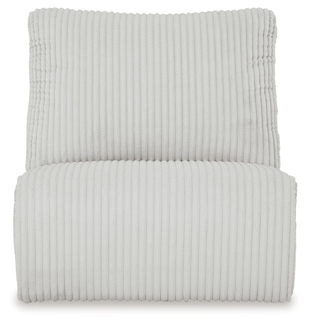 Armless chair front view with ribbed light gray upholstery and padded seat cushion
