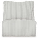 Armless chair front view with ribbed light gray upholstery and padded seat cushion