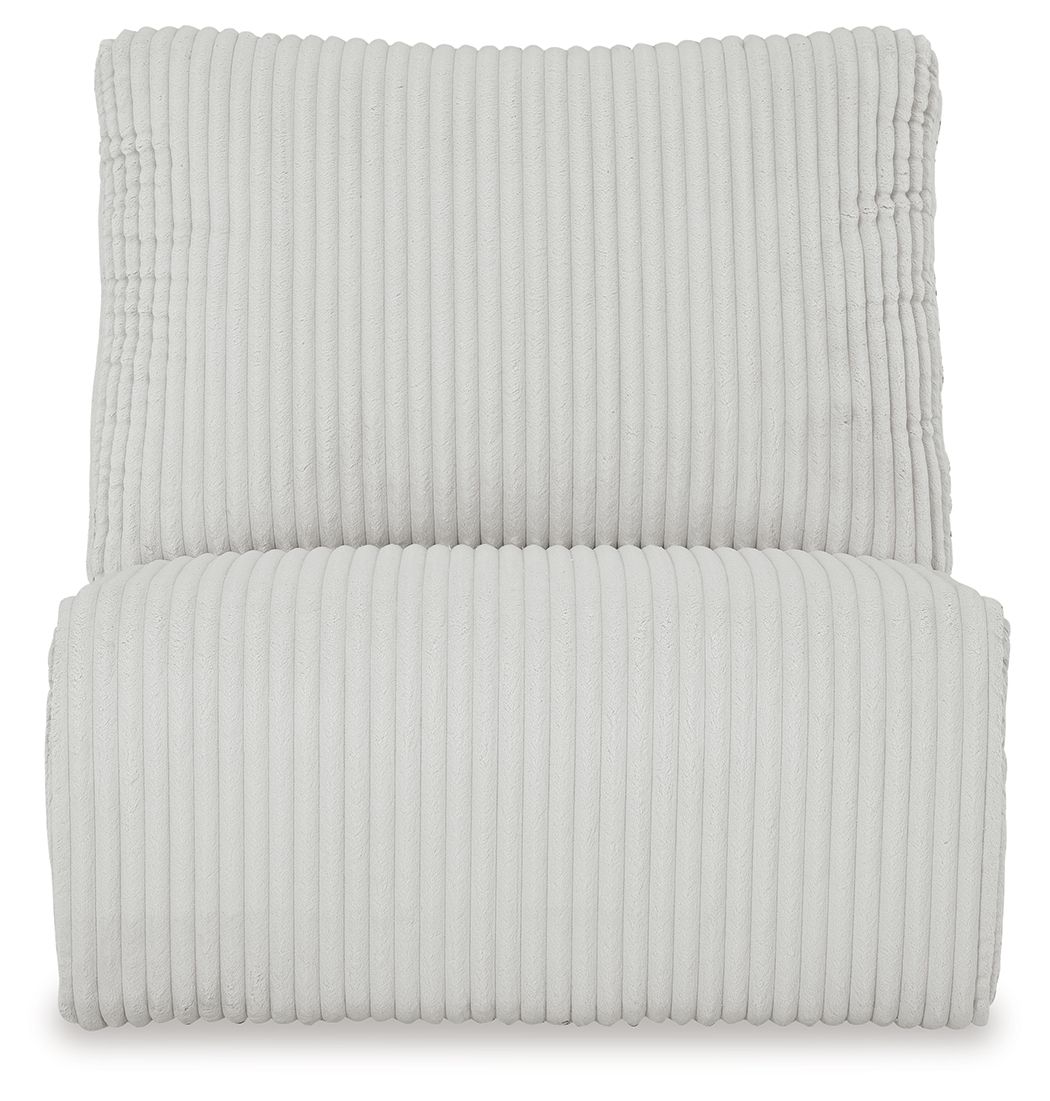 Armless chair front view with ribbed light gray upholstery and padded seat cushion
