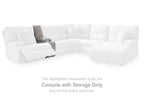 Console with storage component highlighted on white sectional seating