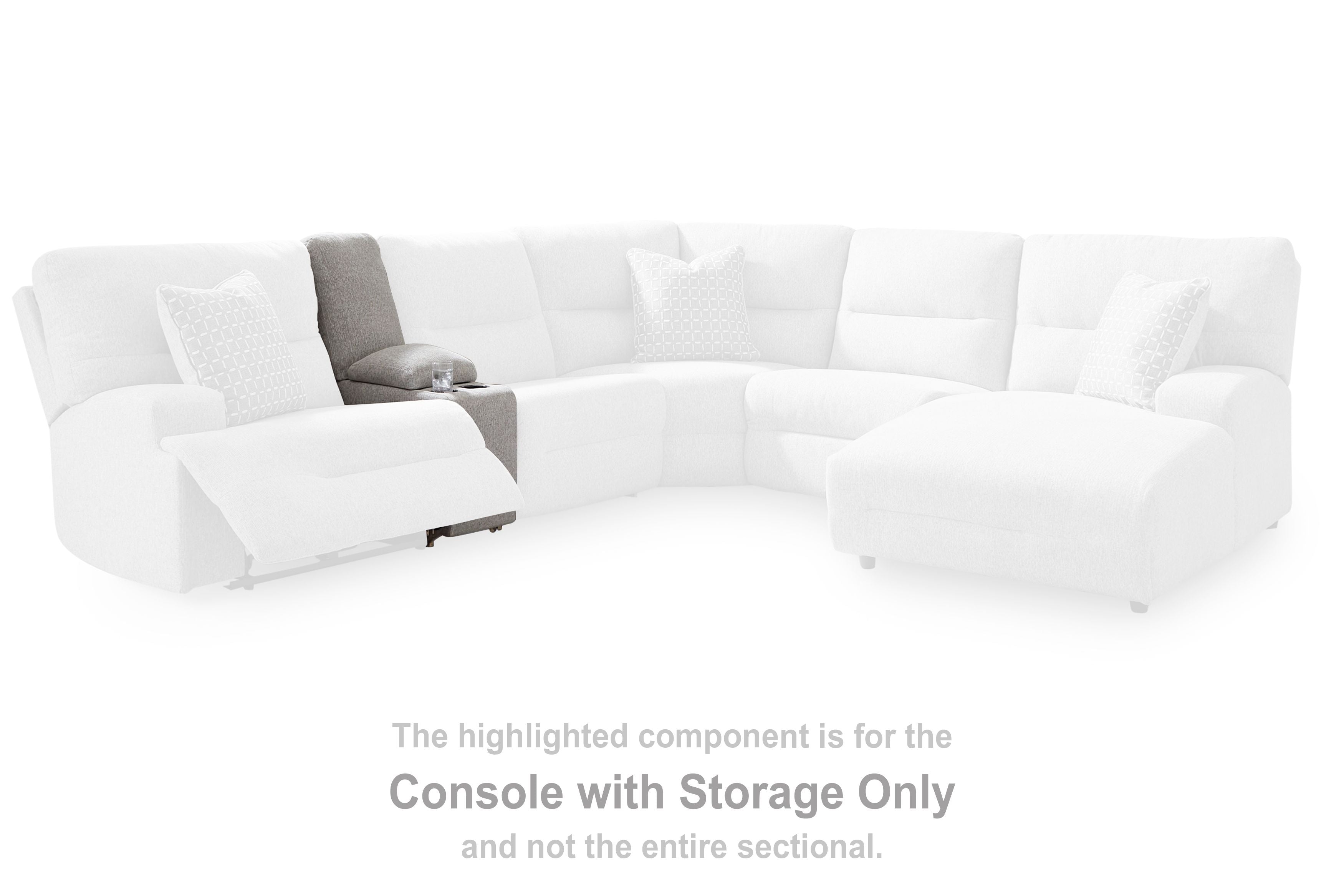 Console with storage component highlighted on white sectional seating