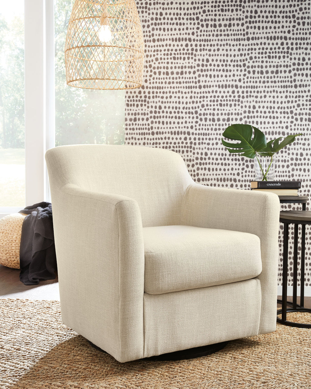 White swivel accent chair with padded armrests, smooth seat, and rounded back