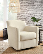 White swivel accent chair with padded armrests, smooth seat, and rounded back