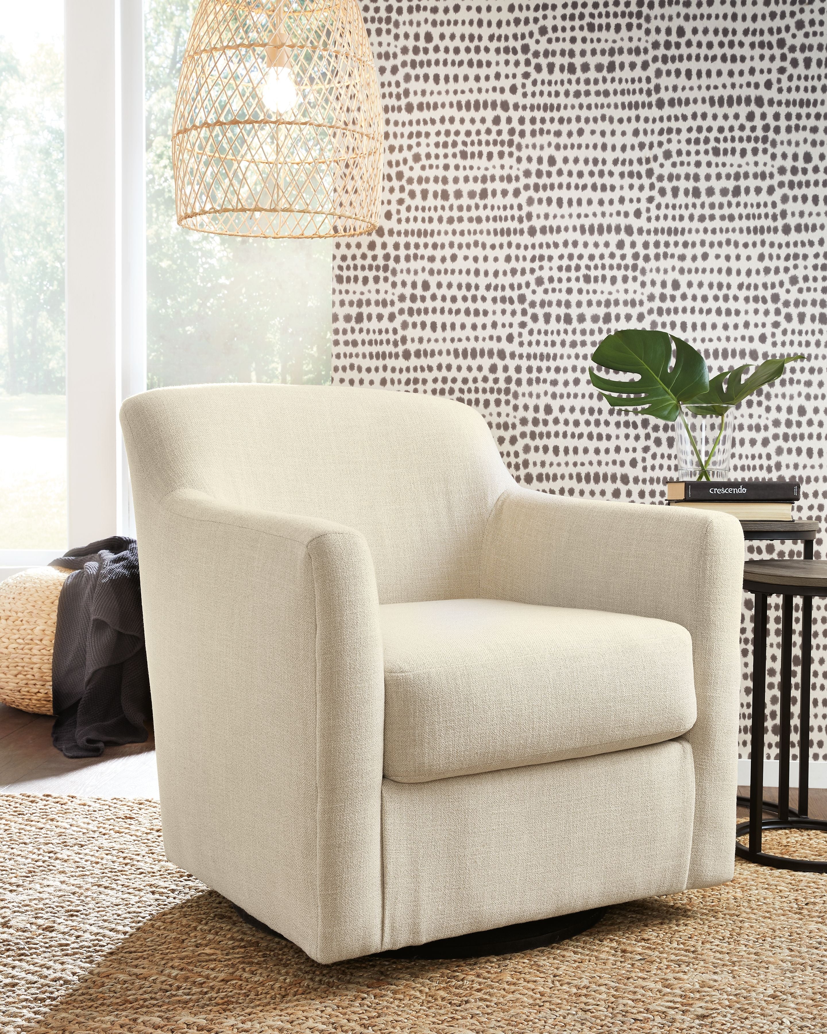 White swivel accent chair with padded armrests, smooth seat, and rounded back