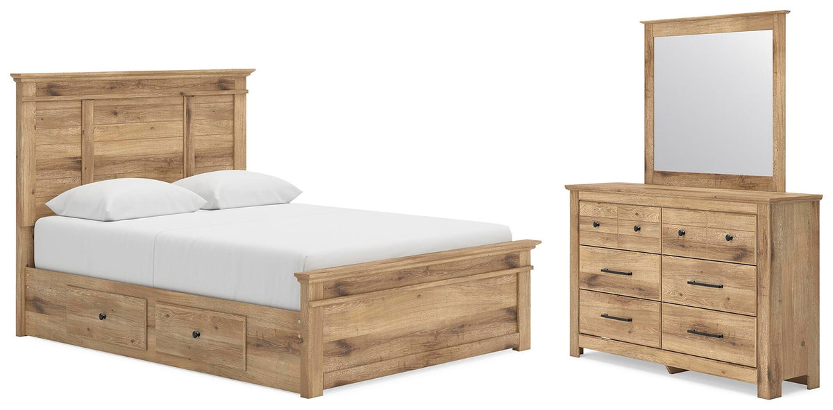 Light brown wood storage bed with drawers and matching dresser with mirror