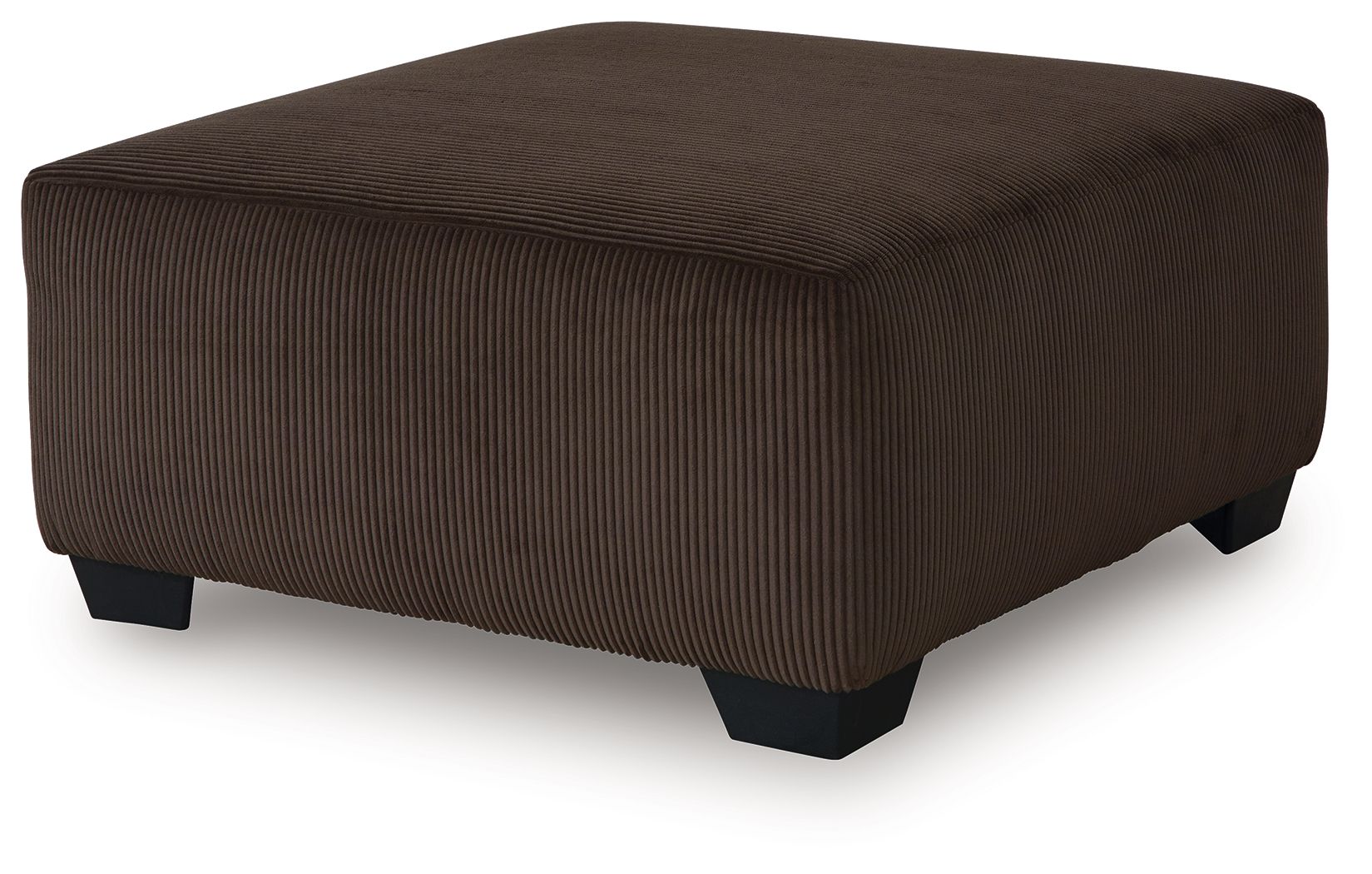 Oversized accent ottoman, chocolate-brown fabric with ribbed texture and dark legs