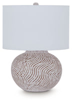 Table lamp: white drum shade, distressed white base with terracotta swirl pattern