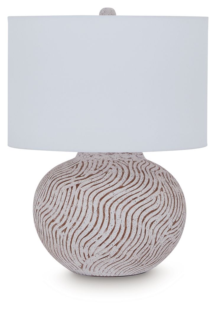 Table lamp: white drum shade, distressed white base with terracotta swirl pattern
