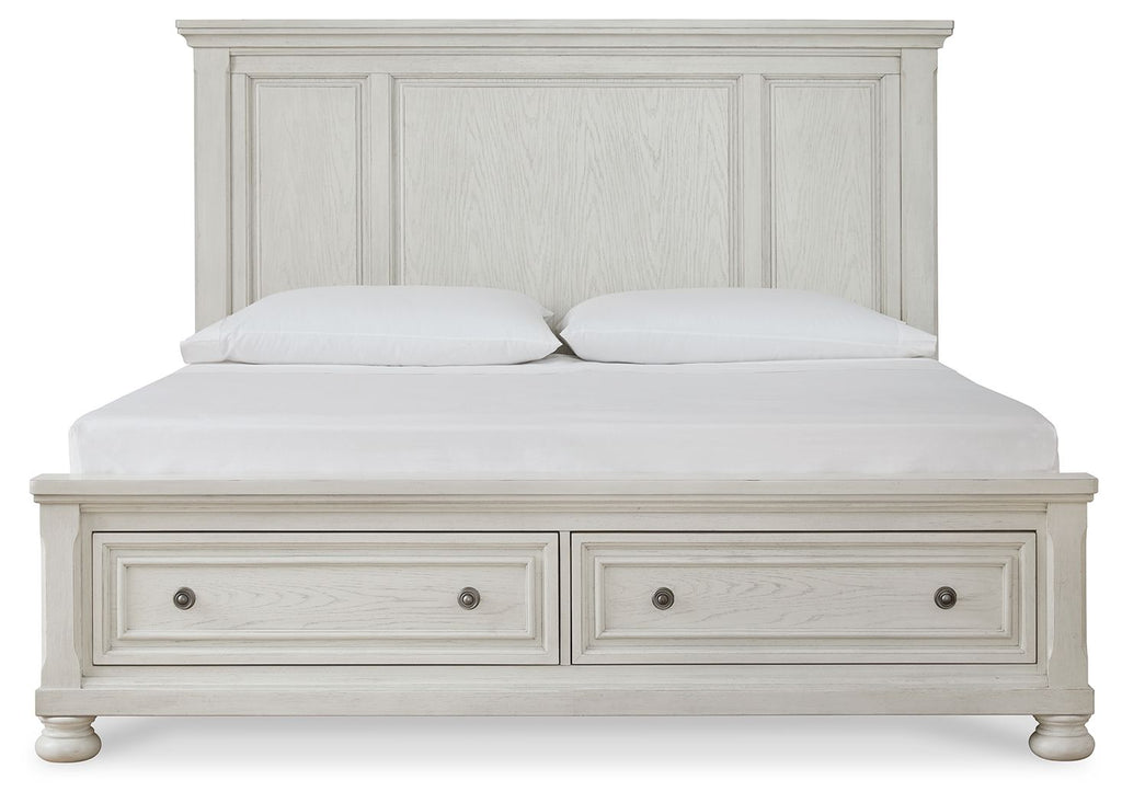 White panel storage bed with two drawers and panel headboard, front view