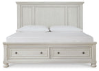 White panel storage bed with two drawers and panel headboard, front view