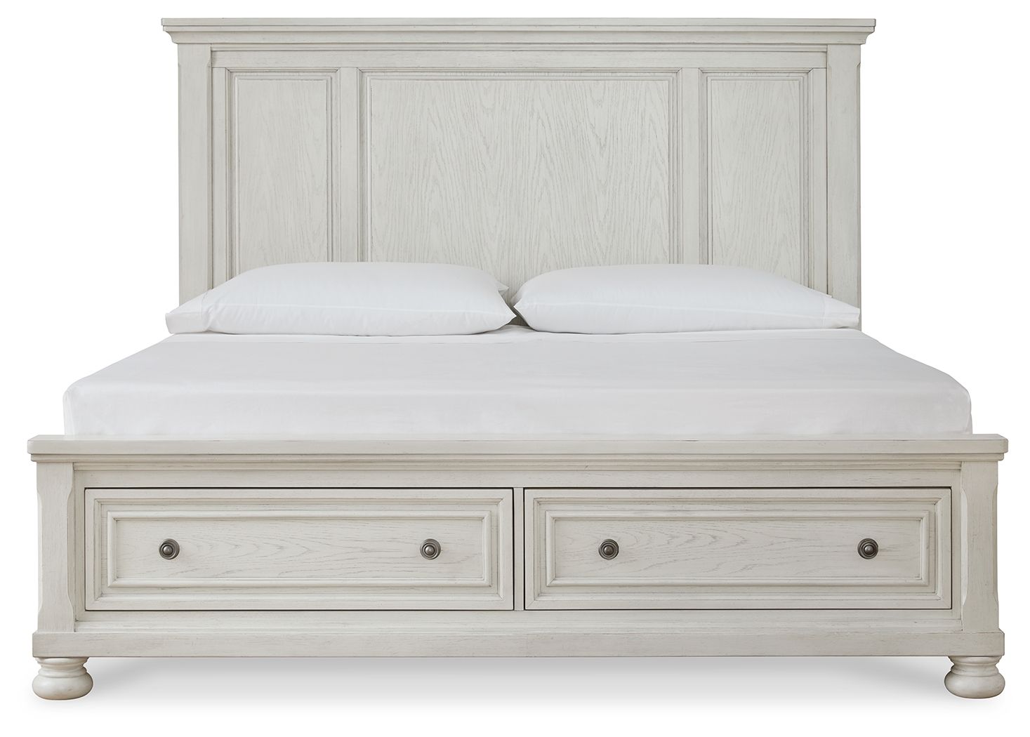 White panel storage bed with two drawers and panel headboard, front view
