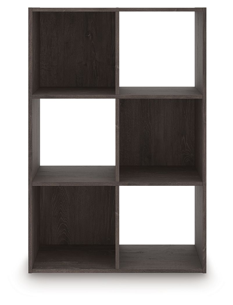 Dark wood cube organizer with open square shelves and interior cutouts
