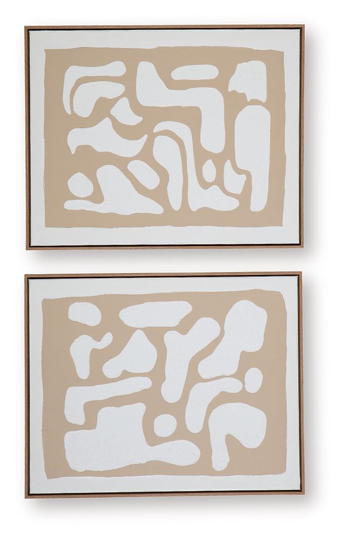 Set of 2 square framed wall art prints, beige background with white abstract forms
