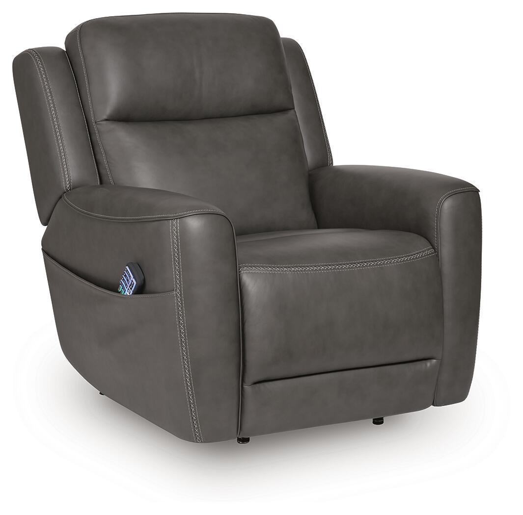 Power lift recliner in dark gray faux leather, padded armrests and tall backrest
