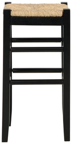 Tall black stool with woven beige seat and three-tier bar frame