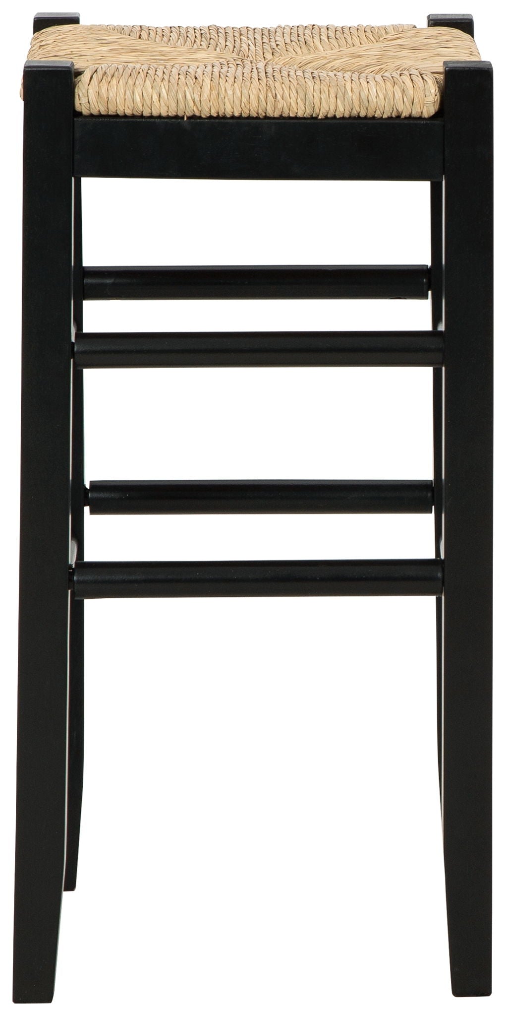 Tall black stool with woven beige seat and three-tier bar frame