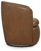 Tan leather-look swivel chair back/side view with rounded arms and stitched border.