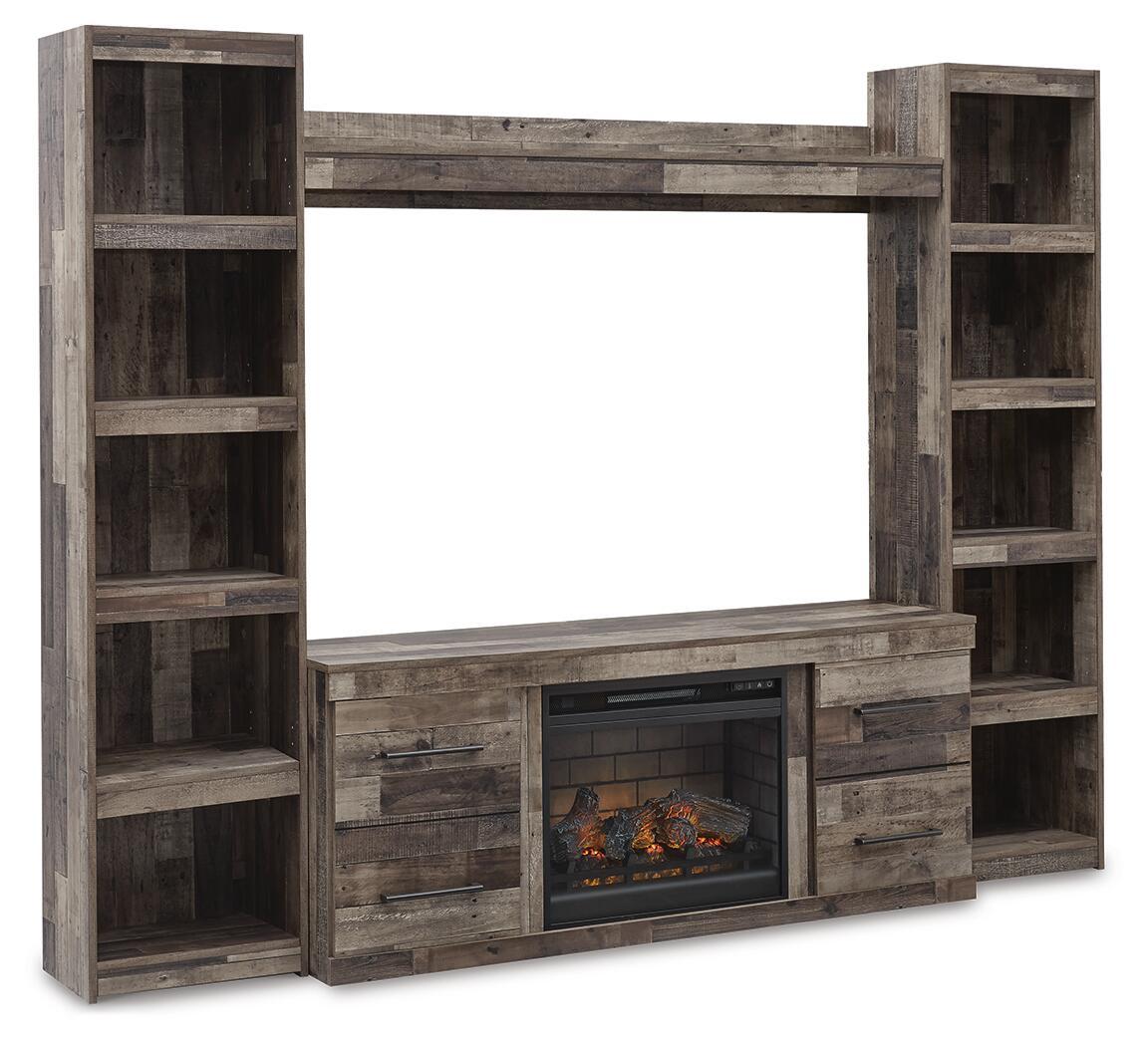 Derekson dark gray entertainment center with electric fireplace and two tall shelving towers
