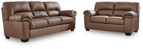 Upholstered living room sofa and recliner set in light brown with rolled arms.