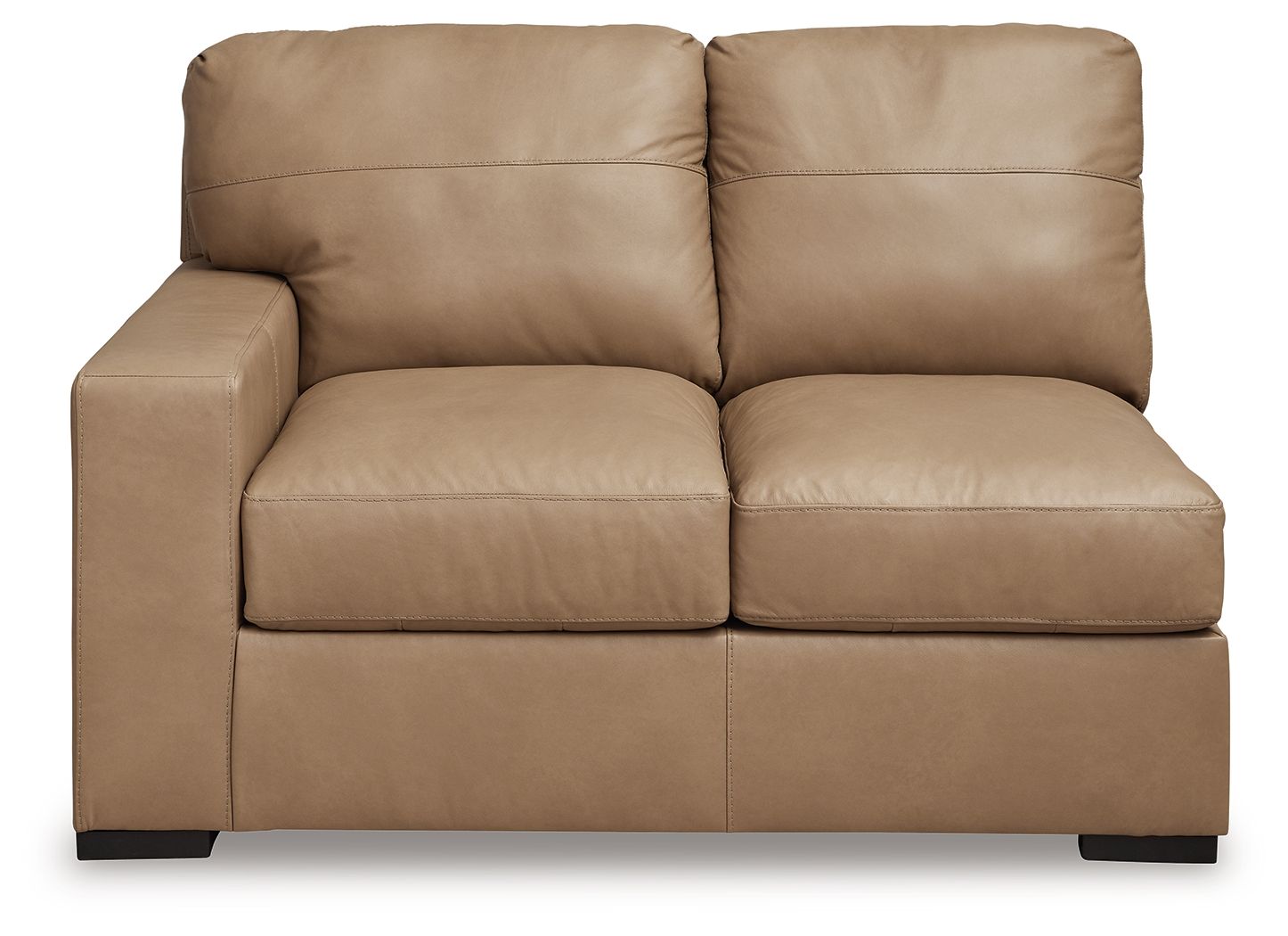 Toffee two-seat loveseat with boxy arms, split back cushions, and padded base