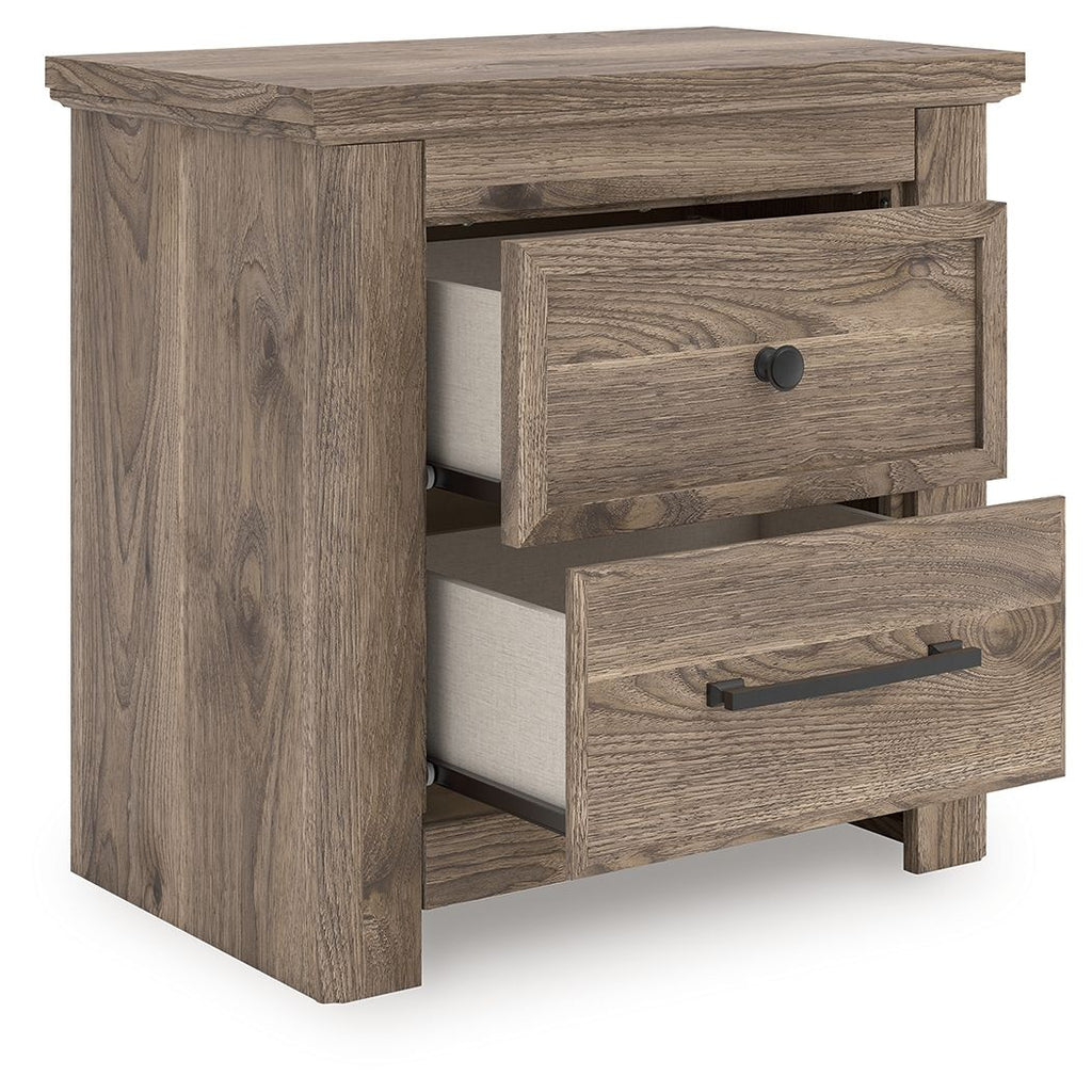 Brown night stand with two drawers, one drawer pulled open to show the inside.