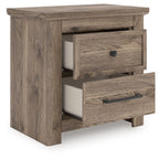 Brown night stand with two drawers, one drawer pulled open to show the inside.