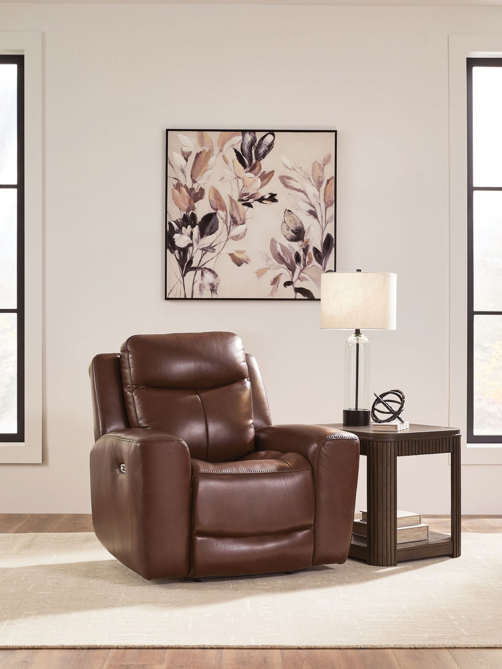Mahogany leather-look power recliner with adjustable headrest and padded armrests
