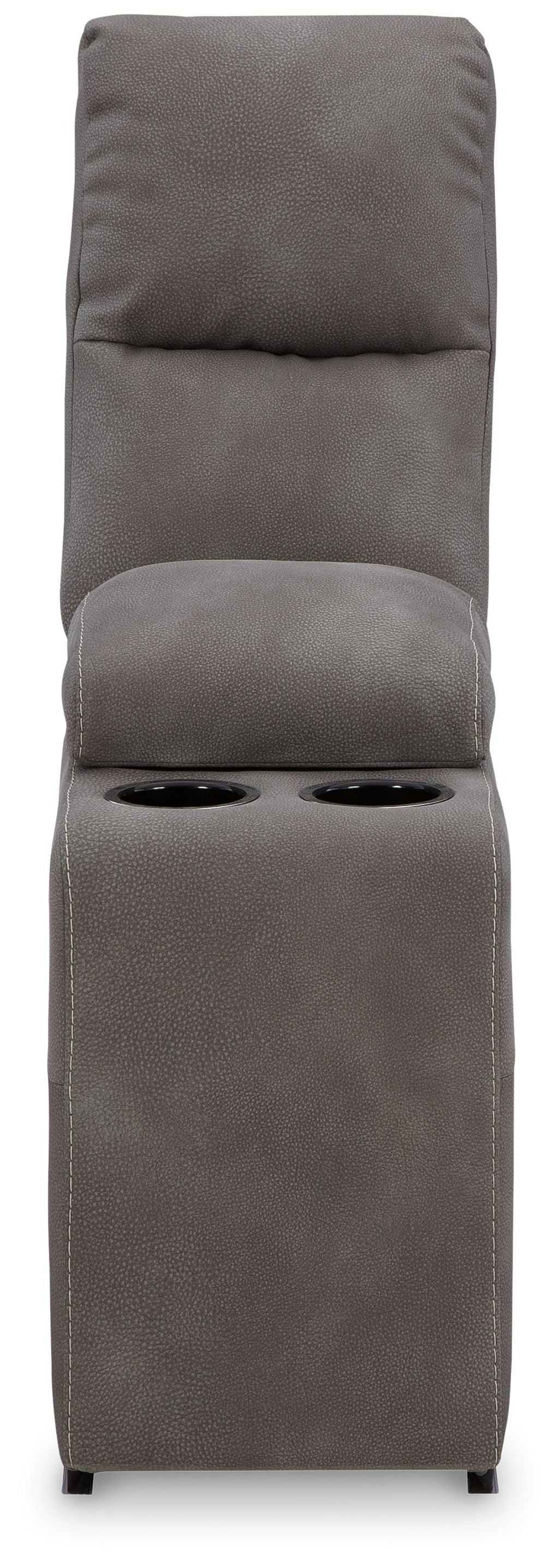 Slate gray upholstered console with two built-in cup holders and storage