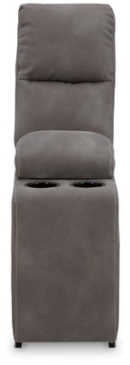 Slate gray upholstered console with two built-in cup holders and storage