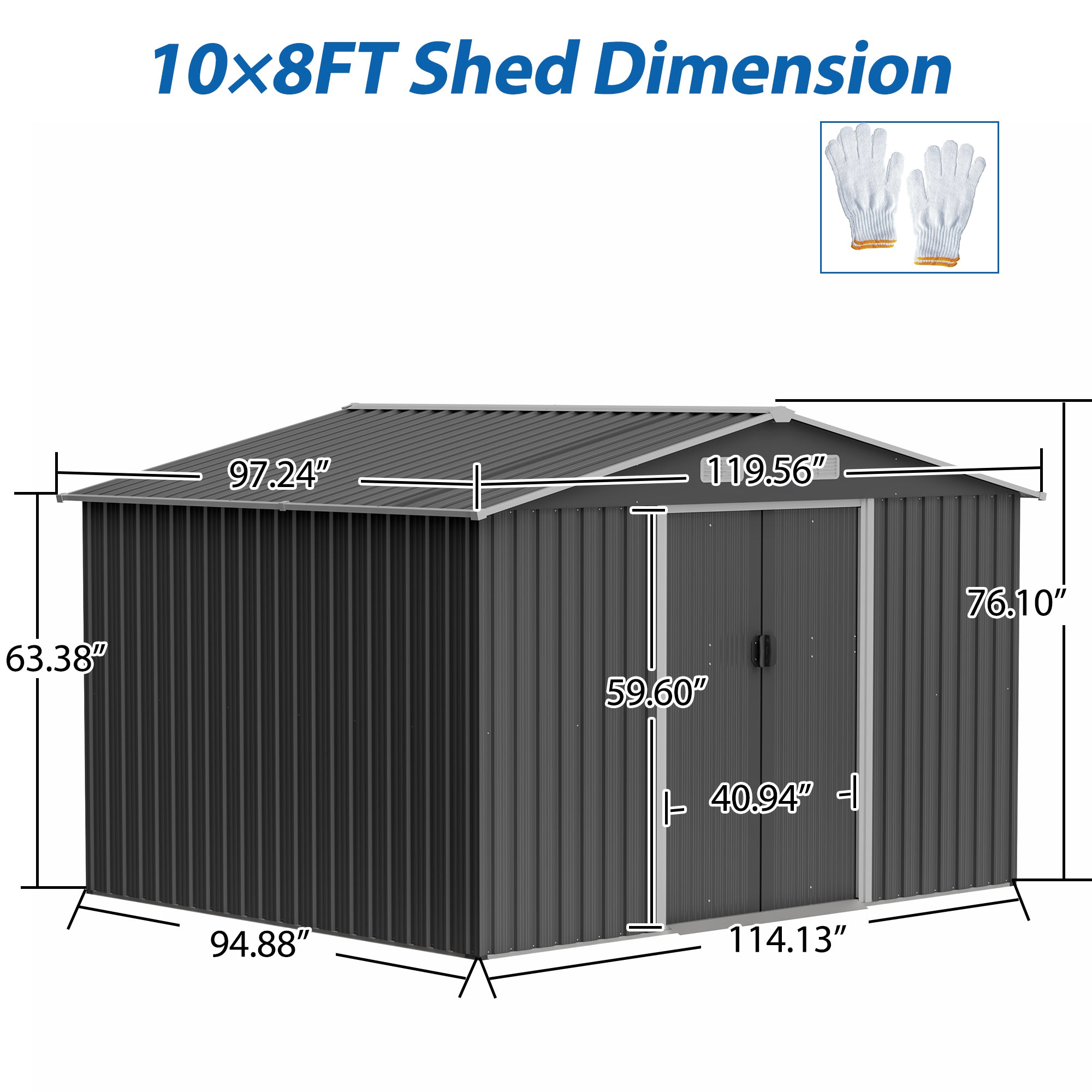 Grey Metal Storage Shed 10x8 FT - Lockable, With Foundation