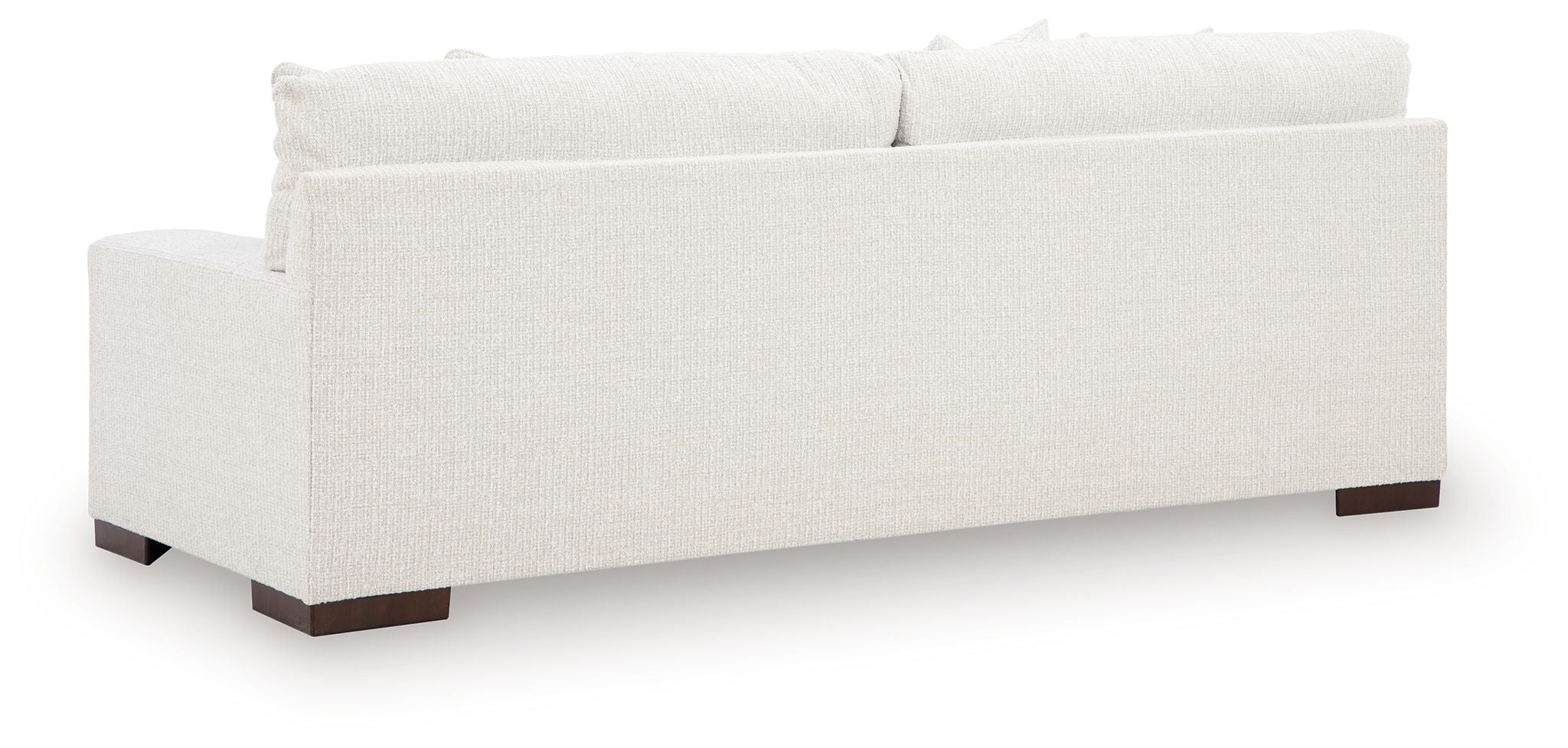 Hartside sofa back view with off-white fabric upholstery and dark wooden legs