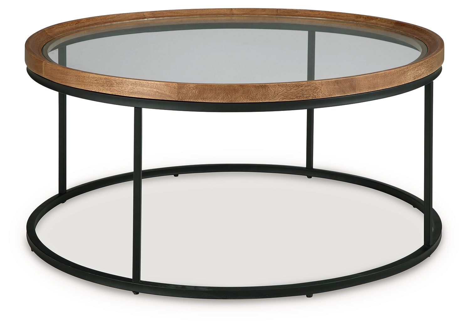 Round side table with clear glass top, light brown wood rim, black metal legs, lower shelf