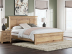 Light brown panel bed with tall headboard, white bedding, and mixed neutral pillows.