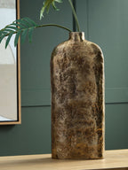 Wallmond vase in gold-brown with distressed texture, slender bottle silhouette.