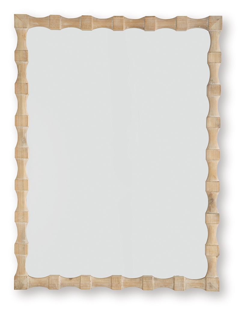 Accent mirror with light brown bamboo-style frame and scalloped edges