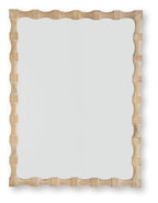 Accent mirror with light brown bamboo-style frame and scalloped edges