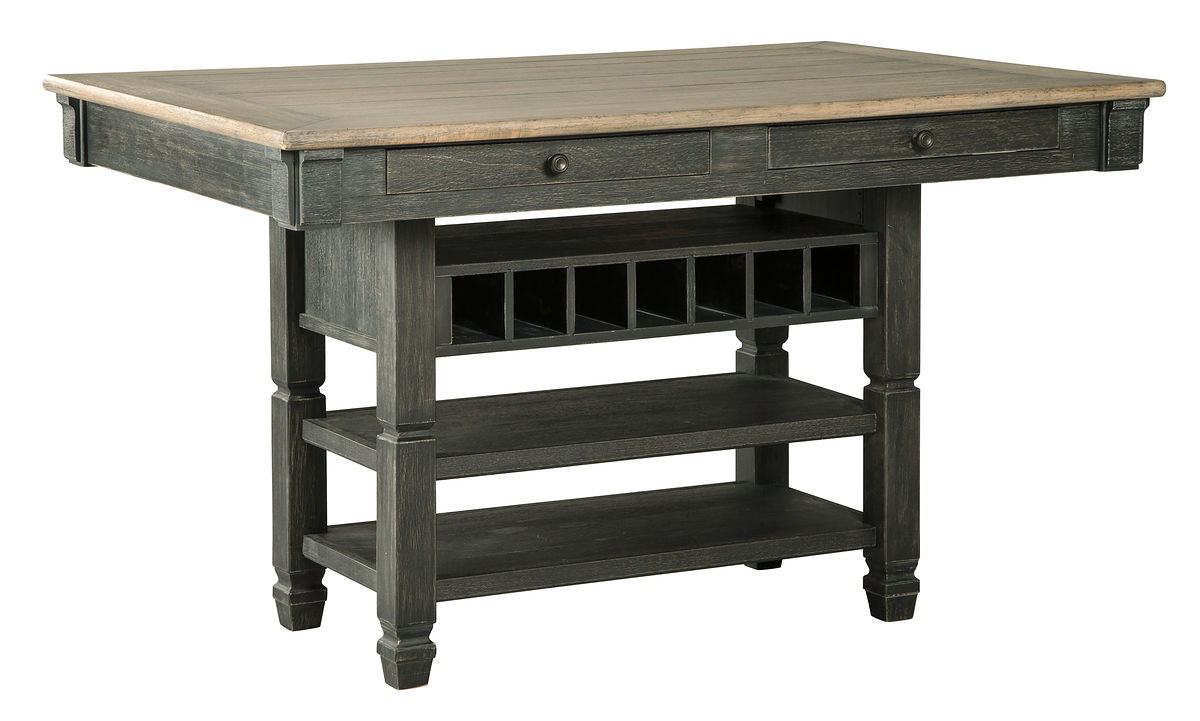 Dark gray counter-height dining table with slatted support shelves