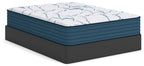 Plush mattress with white top and light blue pattern, dark blue sides on black base