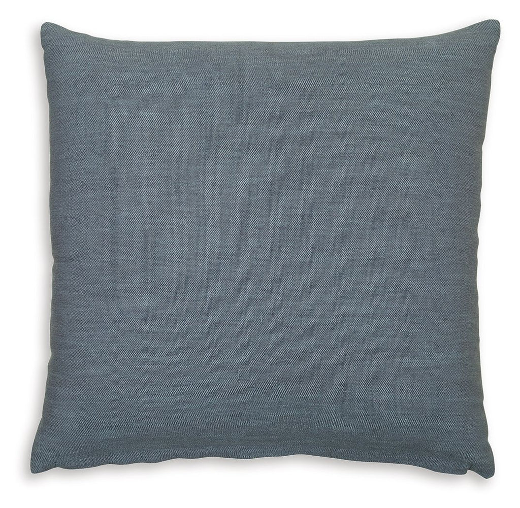 Blue-gray square throw pillow with plain woven texture and stitched edges