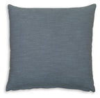 Blue-gray square throw pillow with plain woven texture and stitched edges