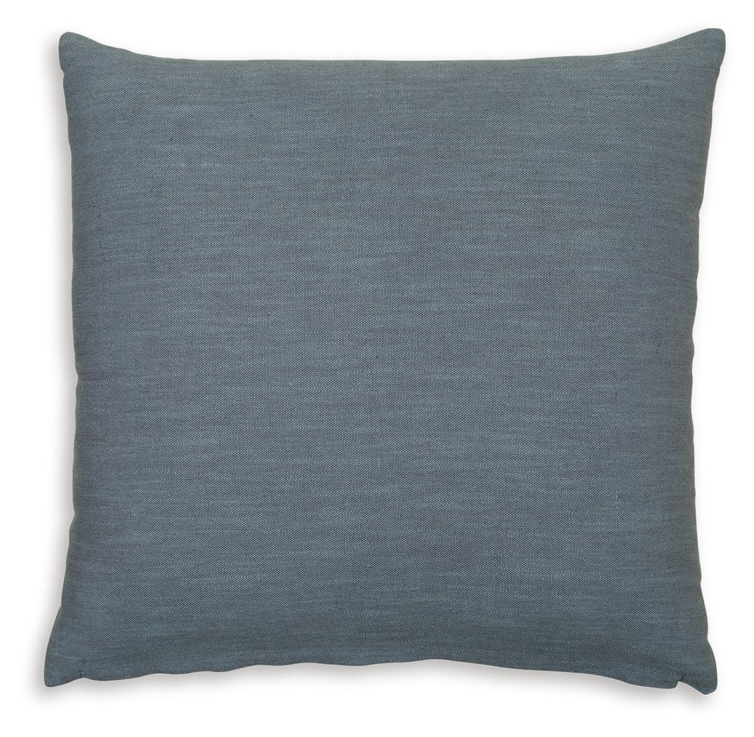 Blue-gray square throw pillow with plain woven texture and stitched edges
