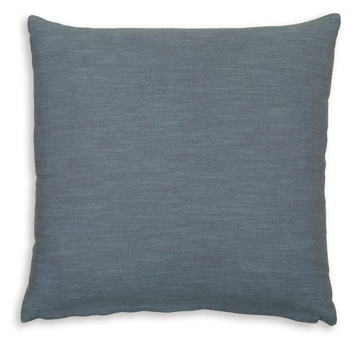 Blue-gray square throw pillow with plain woven texture and stitched edges