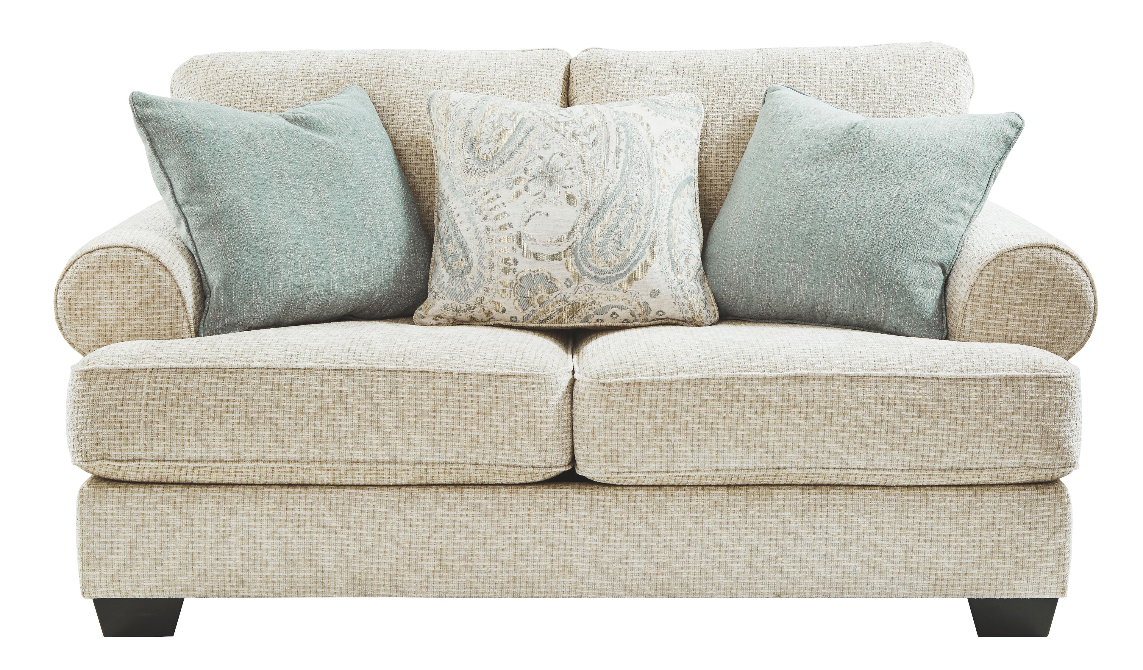 Sandstone loveseat front view with two teal pillows and a light patterned throw pillow